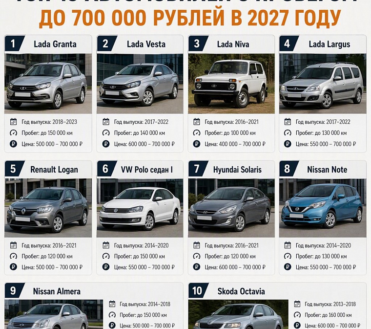 ТОП-10 автомобилей с пробегом до 700 000 рублей в 2027 году